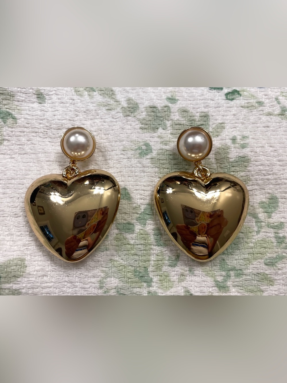 Gold Puffy Heart Faux Pearl Statement Earrings